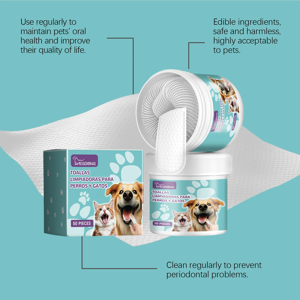 50PCS Pet Dental Cleaning Wipes Gentle Remove Teeth Stains Prevent Plaque & Tartar Refreshing Eliminate Bad Breath Non-irritating Gum Care Pet Dental Cleaner Finger Cots