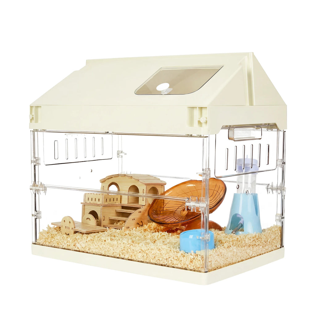Chew-Proof Acrylic Hamster Cage Starter Kit – Large Habitat for Guinea Pig, Chinchilla, Hedgehog, Gerbil & Rat with Platform, Wheel, Water Bottle, Hideout & Bowl – Size: 45.2×31.4×44.1cm
