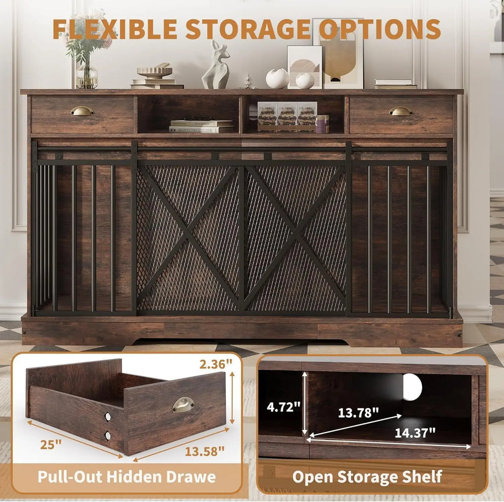 63 Inch Double Dog Crate Furniture for 2 Dogs, Heavy Duty Dog Kennel Indoor with Removable Divider & Sliding Doors, Large Dog Cage with 2 Drawers & 2 Open Shelves, Decorative TV Stand End Table, Brown