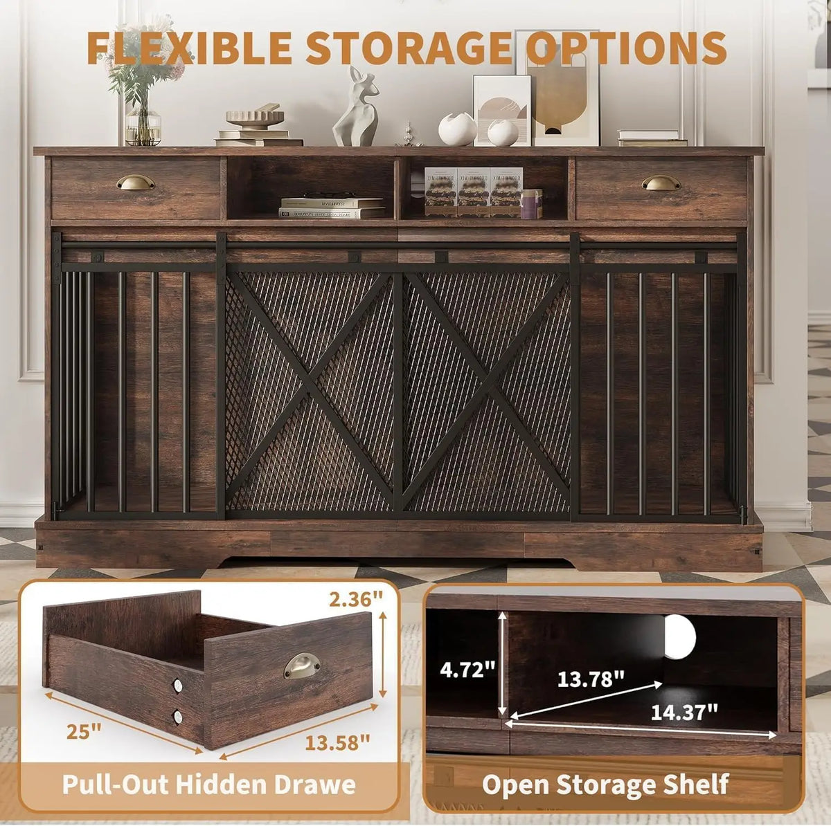 63 Inch Double Dog Crate Furniture for 2 Dogs, Heavy Duty Dog Kennel Indoor with Removable Divider & Sliding Doors, Large Dog Cage with 2 Drawers & 2 Open Shelves, Decorative TV Stand End Table, Brown