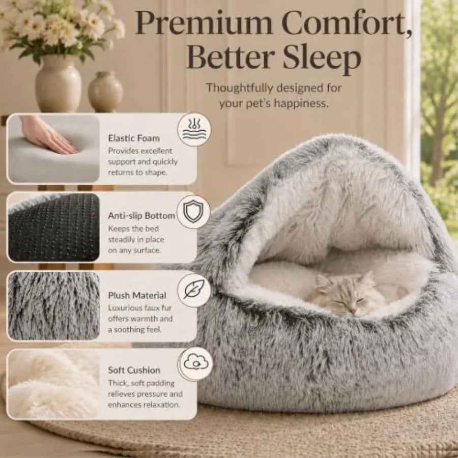 Cat Bed Round Plush Fluffy Hooded Cat Bed Cave, Cozy for Indoor Cats or Small Dog beds, Soothing Pet Beds Doughnut Calm Anti-nx