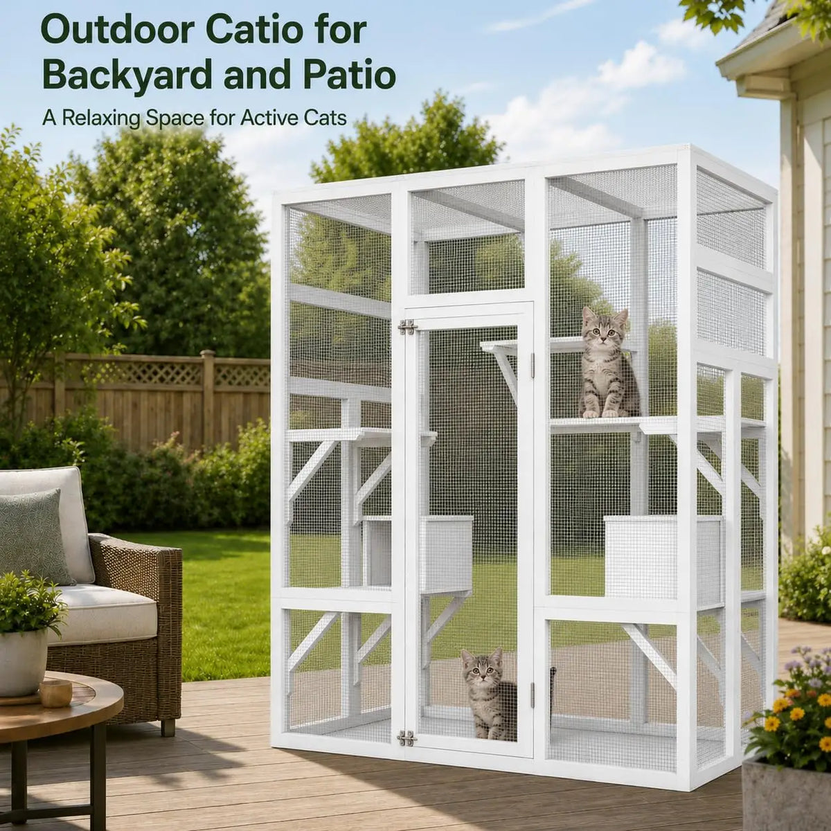 Walk-in Catio Outdoor Cat Enclosure, Large Cat House with UV-Resistant Roof, Large Wooden Cat House with Multi Wooden Platforms & 2 Napping Houses for Indoor Outdoor, 178x160x82cm