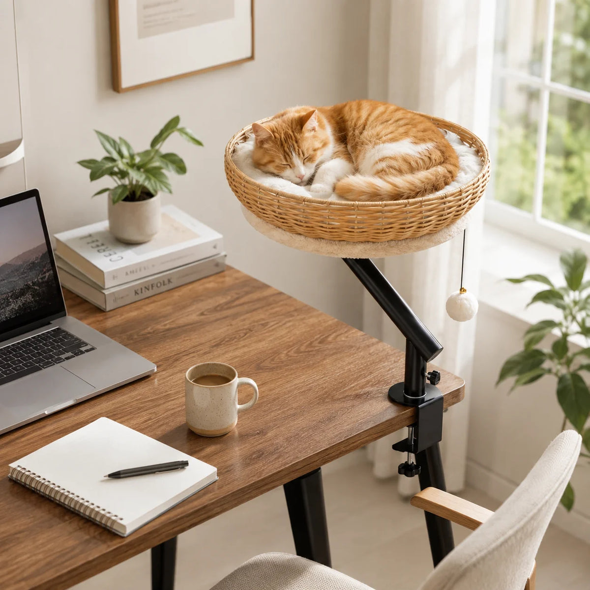 360 Degree Rotating Desk Mounted Cat Bed with Woven Basket and Hanging Toy for Indoor Cats