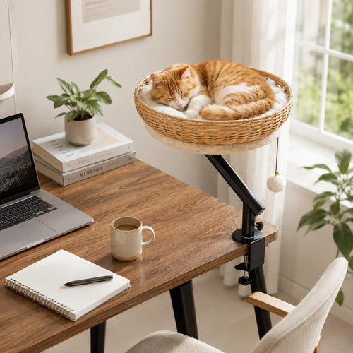 360 Degree Rotating Desk Mounted Cat Bed with Woven Basket and Hanging Toy for Indoor Cats