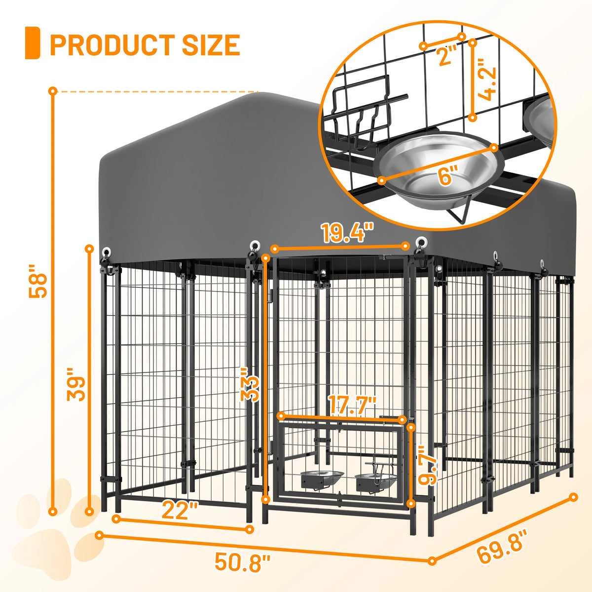 4.23x5.82x4.83 ft Heavy Duty Welded Wire Dog Kennel Outdoor Run House UV Waterproof Cover Double Lock and Rotating Feeder