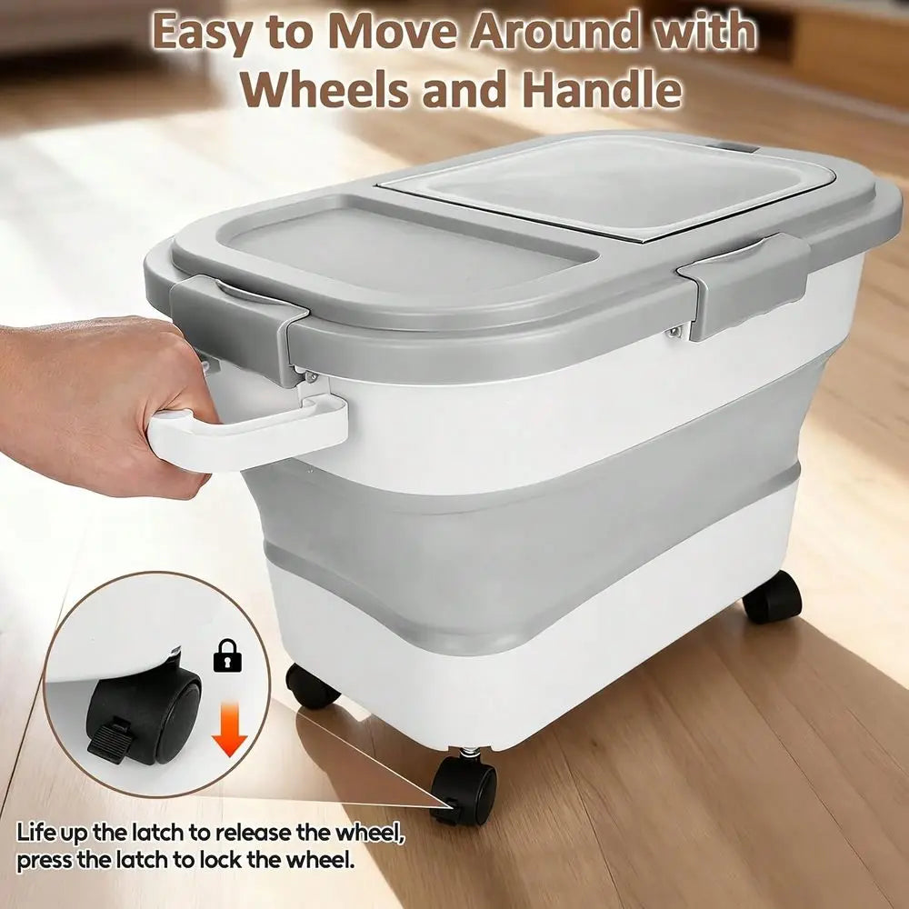 M‑Size Foldable Rollable Pet Food Storage Container, Wheeled Storage Bin With Included Feeding Scoop, Space‑Saving Dust‑Resistant Storage Box For Dry Dog Food, Cat Kibble & Household Daily Pet Food Storage & Organizatio