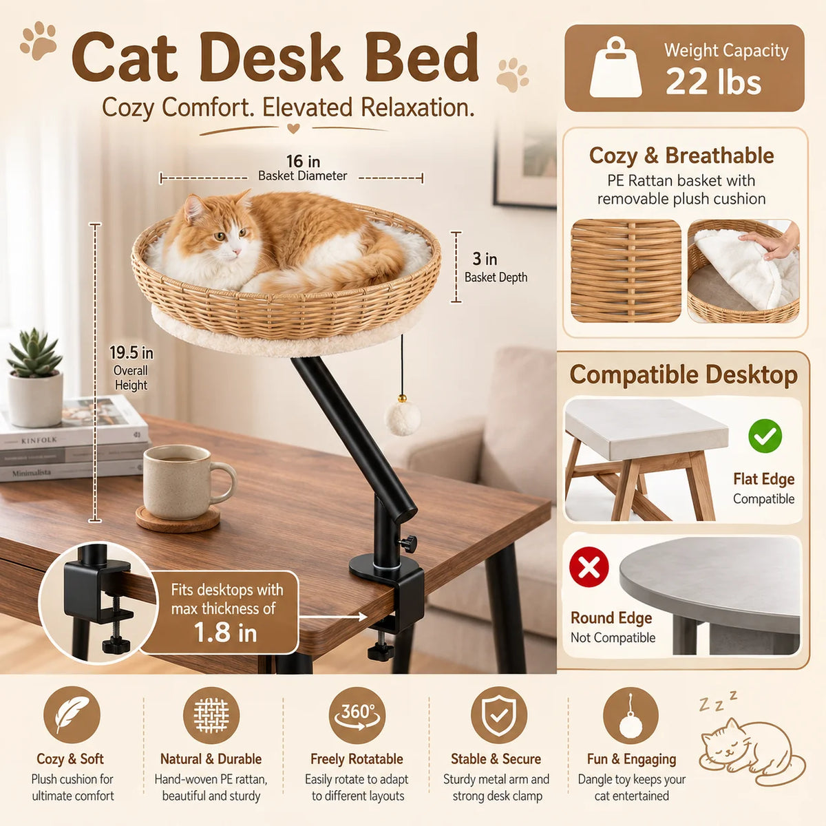 360 Degree Rotating Desk Mounted Cat Bed with Woven Basket and Hanging Toy for Indoor Cats