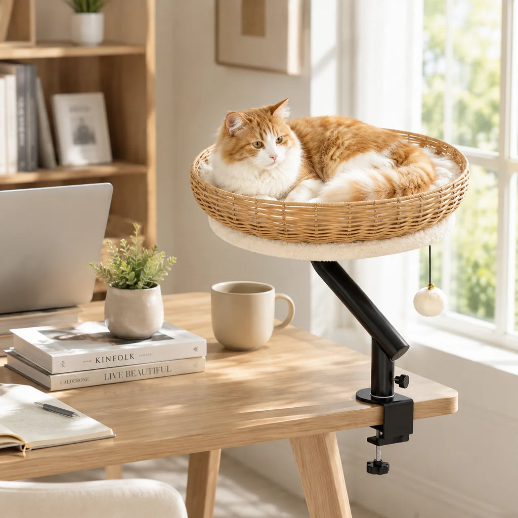 360 Degree Rotating Desk Mounted Cat Bed with Woven Basket and Hanging Toy for Indoor Cats
