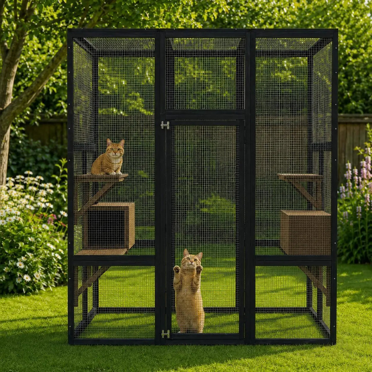 Walk-in Catio Outdoor Cat Enclosure, Large Cat House with UV-Resistant Roof, Large Wooden Cat House with Multi Wooden Platforms & 2 Napping Houses for Indoor Outdoor, 178x160x82cm