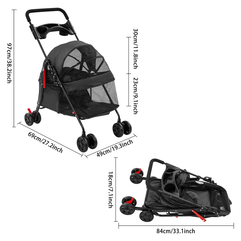 For Small To Medium Dogs and Cats Black Foldable Pet Travel Cart with Water Cup Holder, Ergonomic Foam Handle 69*49*97cm