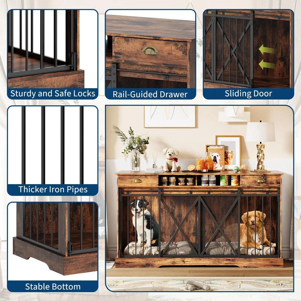 63 Inch Double Dog Crate Furniture for 2 Dogs, Heavy Duty Dog Kennel Indoor with Removable Divider & Sliding Doors, Large Dog Cage with 2 Drawers & 2 Open Shelves, Decorative TV Stand End Table, Brown