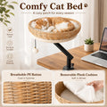 360 Degree Rotating Desk Mounted Cat Bed with Woven Basket and Hanging Toy for Indoor Cats