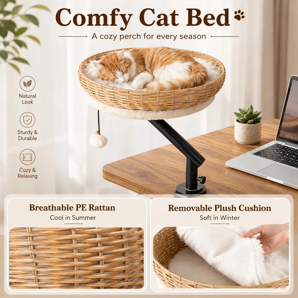 360 Degree Rotating Desk Mounted Cat Bed with Woven Basket and Hanging Toy for Indoor Cats