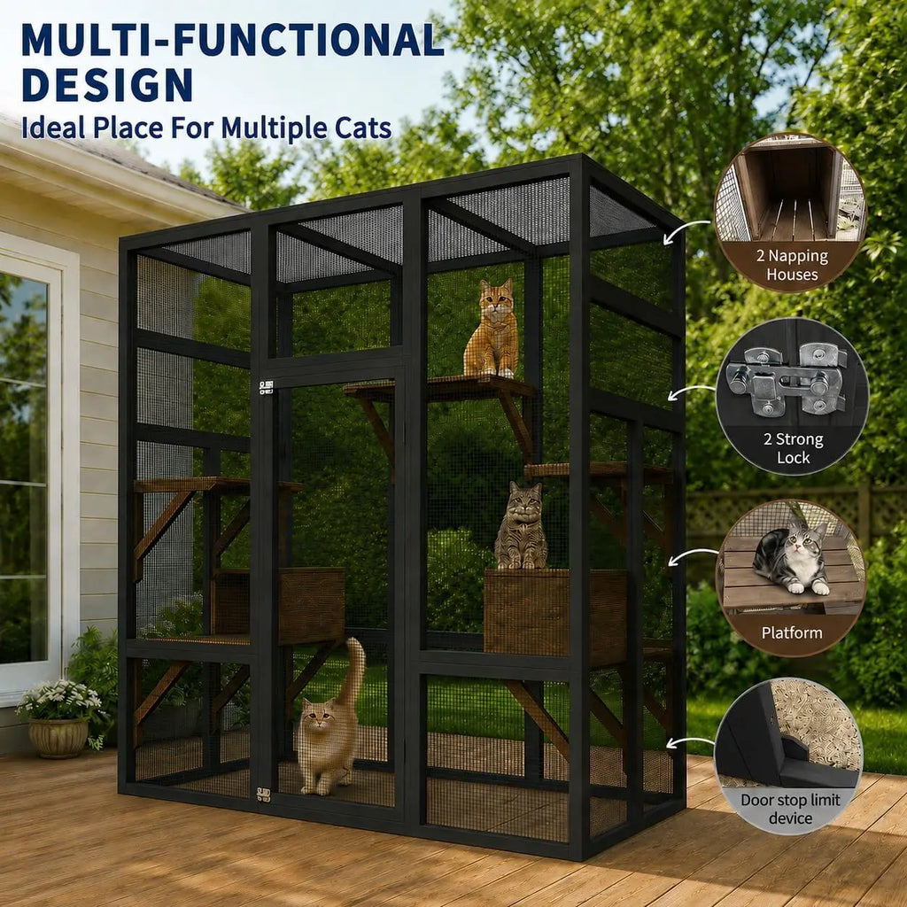 Walk-in Catio Outdoor Cat Enclosure, Large Cat House with UV-Resistant Roof, Large Wooden Cat House with Multi Wooden Platforms & 2 Napping Houses for Indoor Outdoor, 178x160x82cm