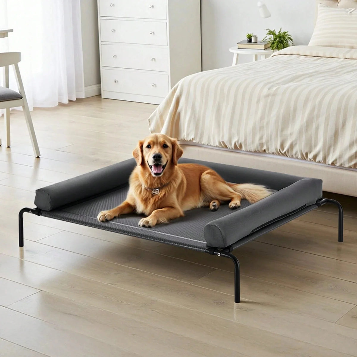 Lounge Pet Bed, Foldable Bunk Dog Bed With 600D Oxford Cloth And Dutch Velvet, Portable Raised Cot With Wheels, Side Storage Ba