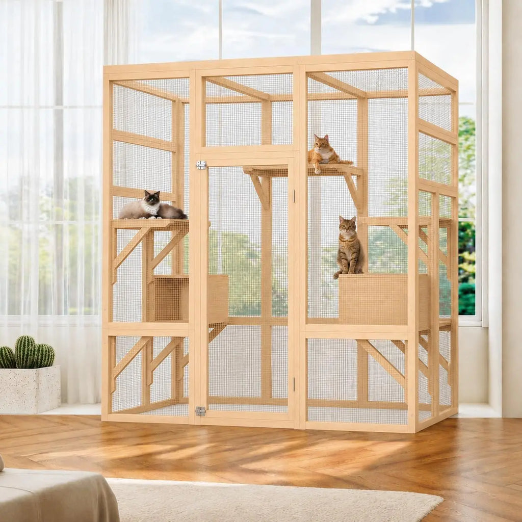 Walk-in Catio Outdoor Cat Enclosure, Large Cat House with UV-Resistant Roof, Large Wooden Cat House with Multi Wooden Platforms & 2 Napping Houses for Indoor Outdoor, 178x160x82cm