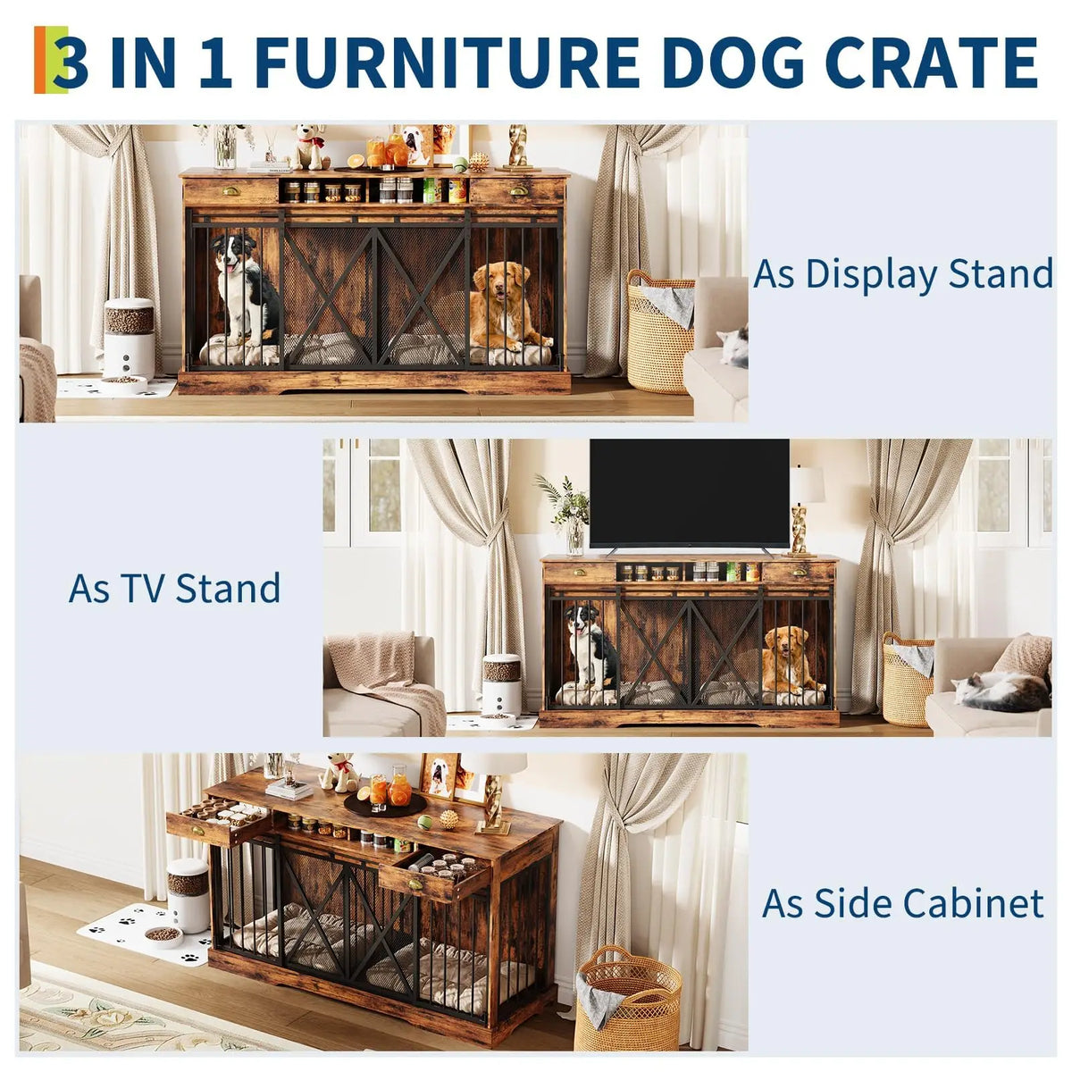 63 Inch Double Dog Crate Furniture for 2 Dogs, Heavy Duty Dog Kennel Indoor with Removable Divider & Sliding Doors, Large Dog Cage with 2 Drawers & 2 Open Shelves, Decorative TV Stand End Table, Brown