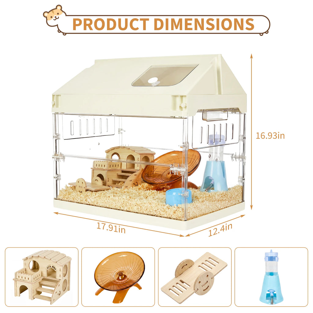 Chew-Proof Acrylic Hamster Cage Starter Kit – Large Habitat for Guinea Pig, Chinchilla, Hedgehog, Gerbil & Rat with Platform, Wheel, Water Bottle, Hideout & Bowl – Size: 45.2×31.4×44.1cm
