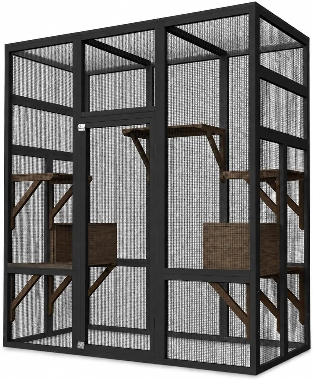 Walk-in Catio Outdoor Cat Enclosure, Large Cat House with UV-Resistant Roof, Large Wooden Cat House with Multi Wooden Platforms & 2 Napping Houses for Indoor Outdoor, 178x160x82cm