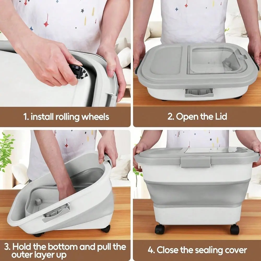 M‑Size Foldable Rollable Pet Food Storage Container, Wheeled Storage Bin With Included Feeding Scoop, Space‑Saving Dust‑Resistant Storage Box For Dry Dog Food, Cat Kibble & Household Daily Pet Food Storage & Organizatio