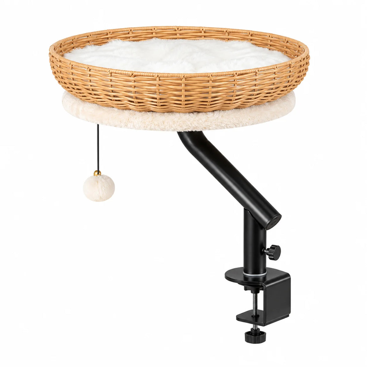 360 Degree Rotating Desk Mounted Cat Bed with Woven Basket and Hanging Toy for Indoor Cats