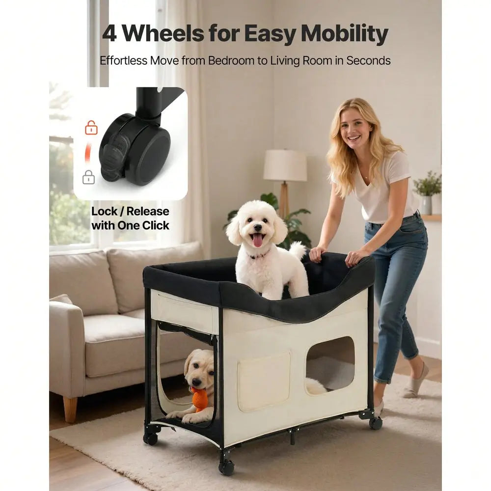 Lounge Pet Bed, Foldable Bunk Dog Bed With 600D Oxford Cloth And Dutch Velvet, Portable Raised Cot With Wheels, Side Storage Ba