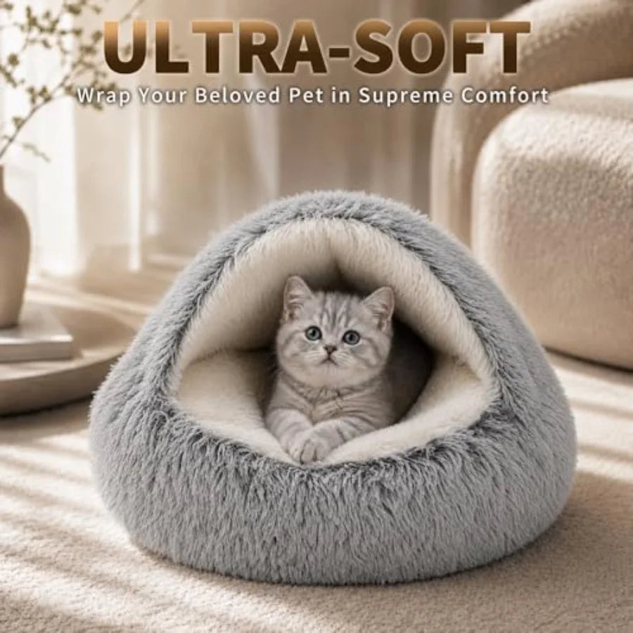 Cat Bed Round Plush Fluffy Hooded Cat Bed Cave, Cozy for Indoor Cats or Small Dog beds, Soothing Pet Beds Doughnut Calm Anti-nx
