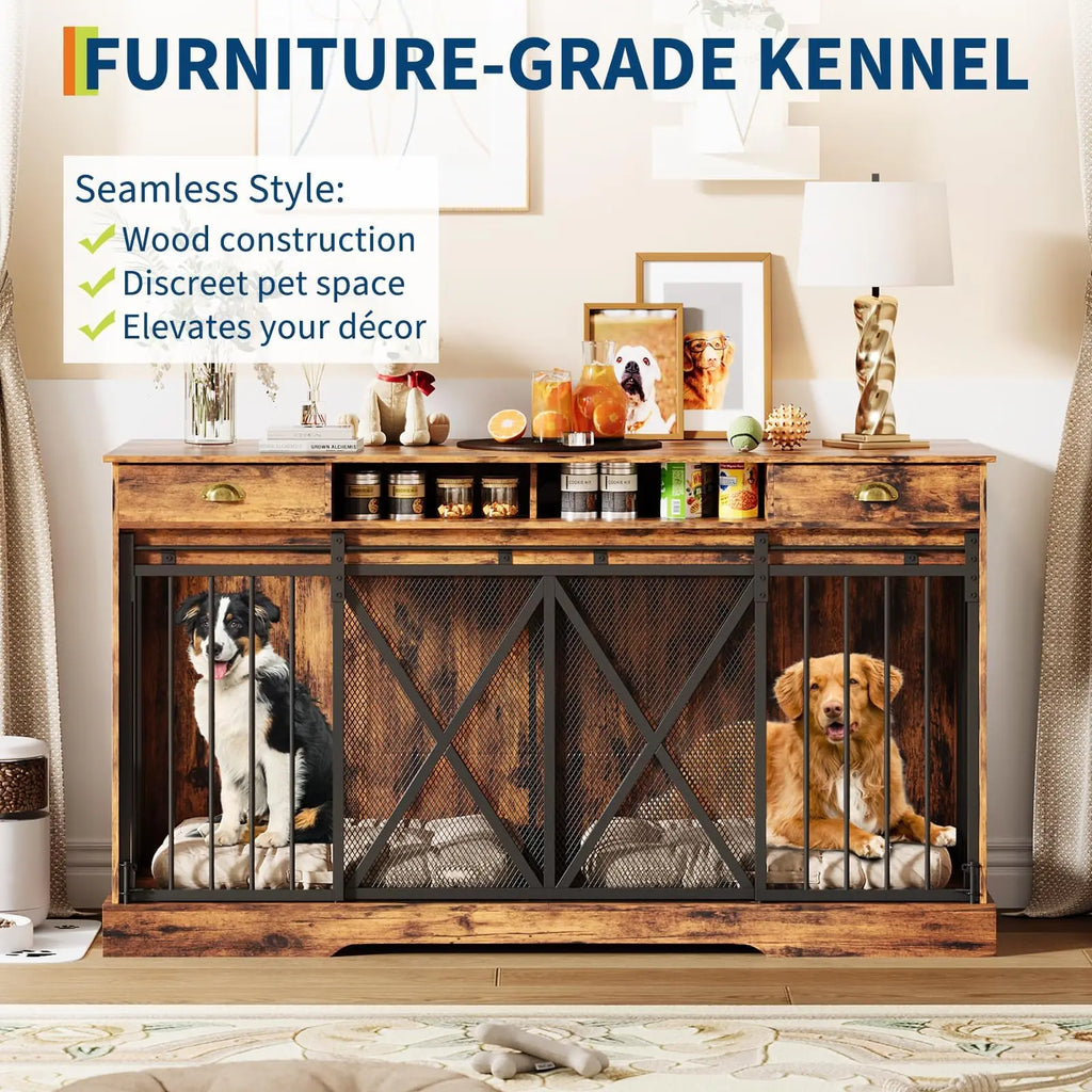 63 Inch Double Dog Crate Furniture for 2 Dogs, Heavy Duty Dog Kennel Indoor with Removable Divider & Sliding Doors, Large Dog Cage with 2 Drawers & 2 Open Shelves, Decorative TV Stand End Table, Brown