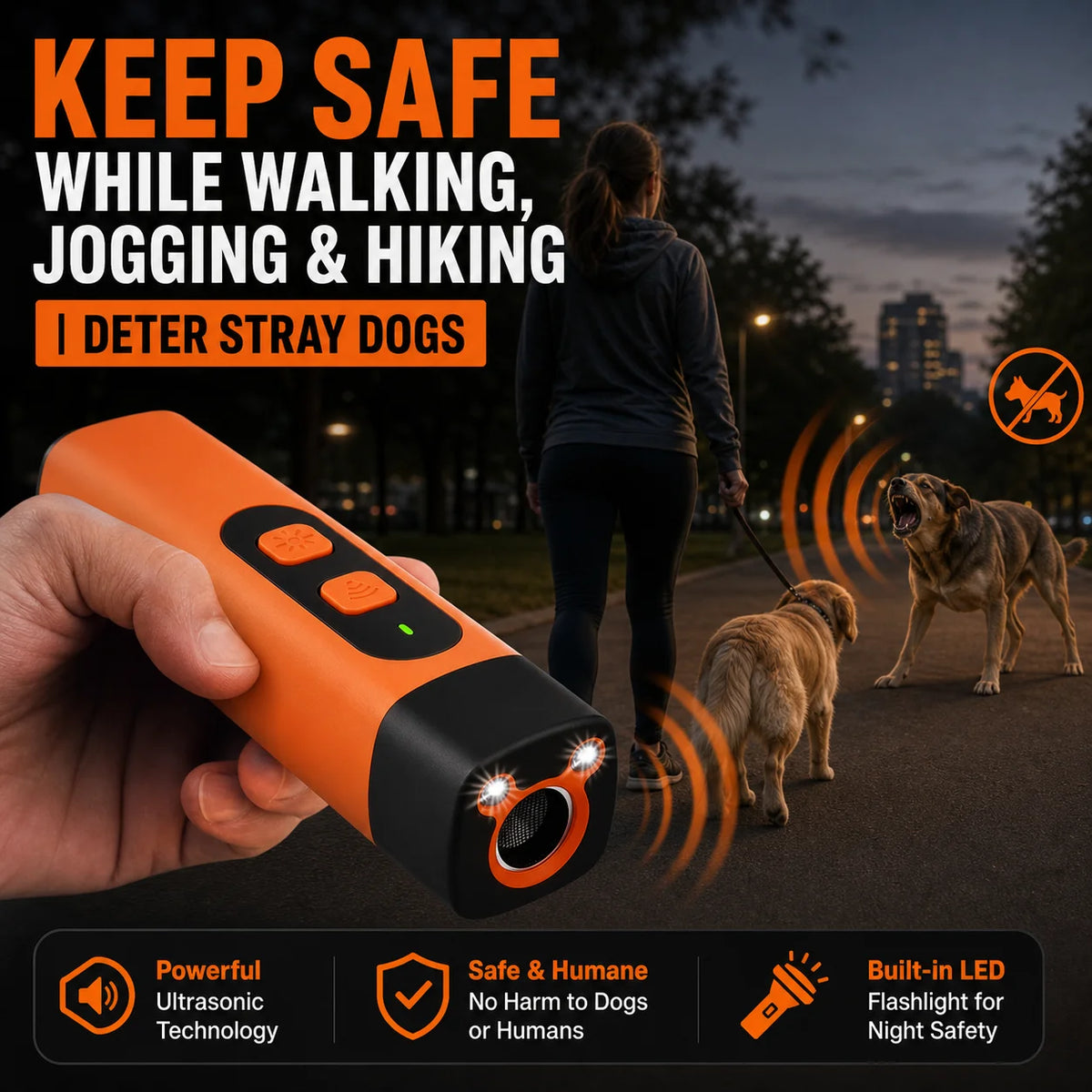 Ultrasonic DogRepeller Rechargeable Handheld Dog Trainer with Flashlight Portable Anti Bark Deterrent for Walking Outdoor Safety