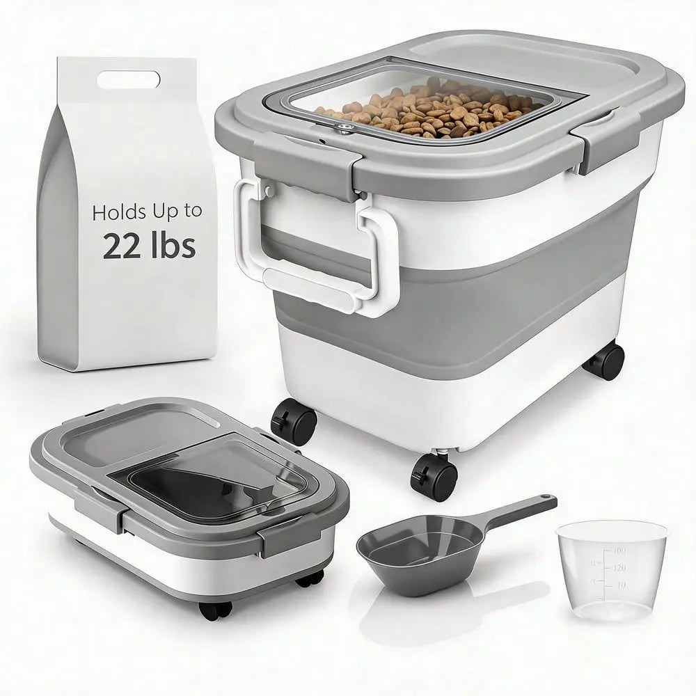 M‑Size Foldable Rollable Pet Food Storage Container, Wheeled Storage Bin With Included Feeding Scoop, Space‑Saving Dust‑Resistant Storage Box For Dry Dog Food, Cat Kibble & Household Daily Pet Food Storage & Organizatio