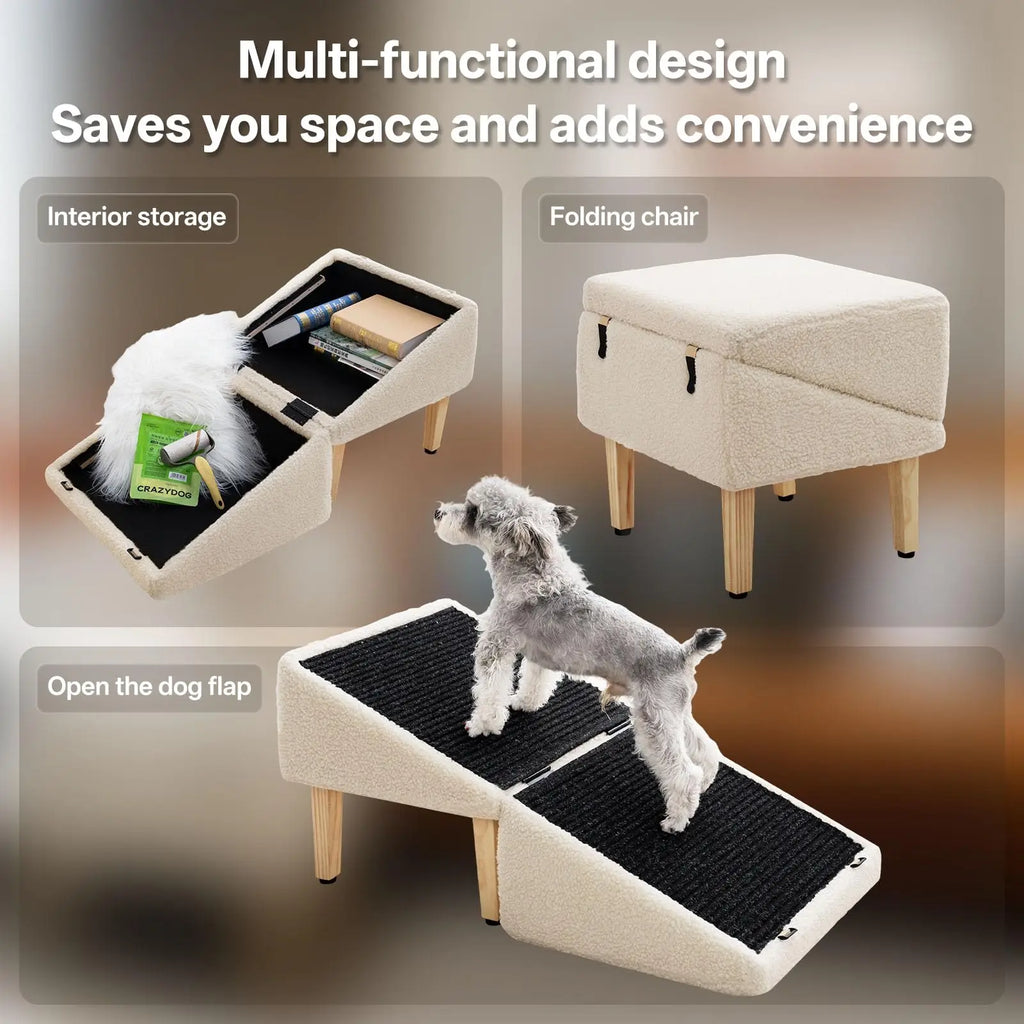 Wooden Pet Ramp Stairs 3-in-1 Dog Cat Climbing Ladder with Storage Box Footstool Portable Indoor Anti-Slip