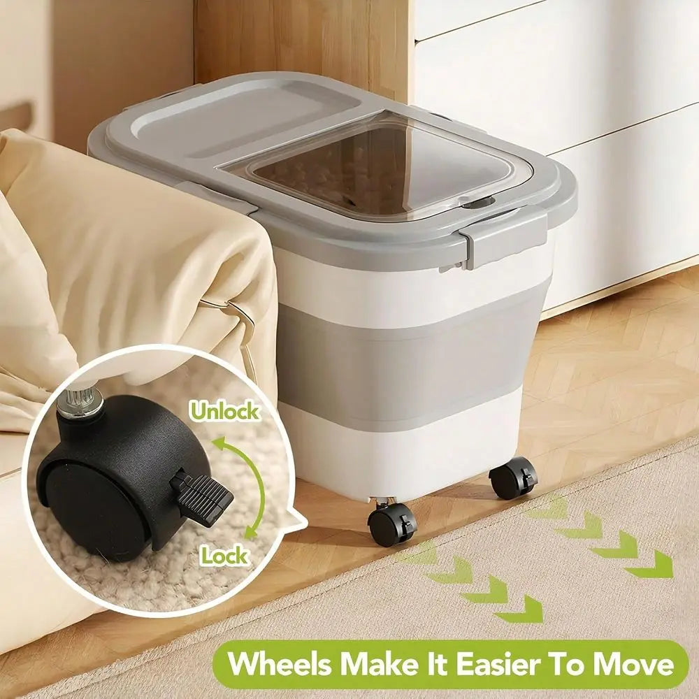 M‑Size Foldable Rollable Pet Food Storage Container, Wheeled Storage Bin With Included Feeding Scoop, Space‑Saving Dust‑Resistant Storage Box For Dry Dog Food, Cat Kibble & Household Daily Pet Food Storage & Organizatio