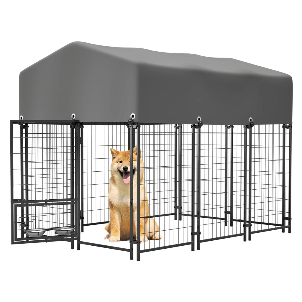 4.23x5.82x4.83 ft Heavy Duty Welded Wire Dog Kennel Outdoor Run House UV Waterproof Cover Double Lock and Rotating Feeder