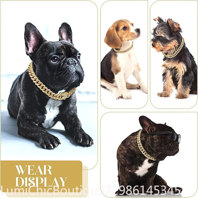 Luxury Gold Metal Dog Chain Collar Bling Pet Jewelry Necklace For Small Medium Large Dogs Cats Fashion Pet Accessory
