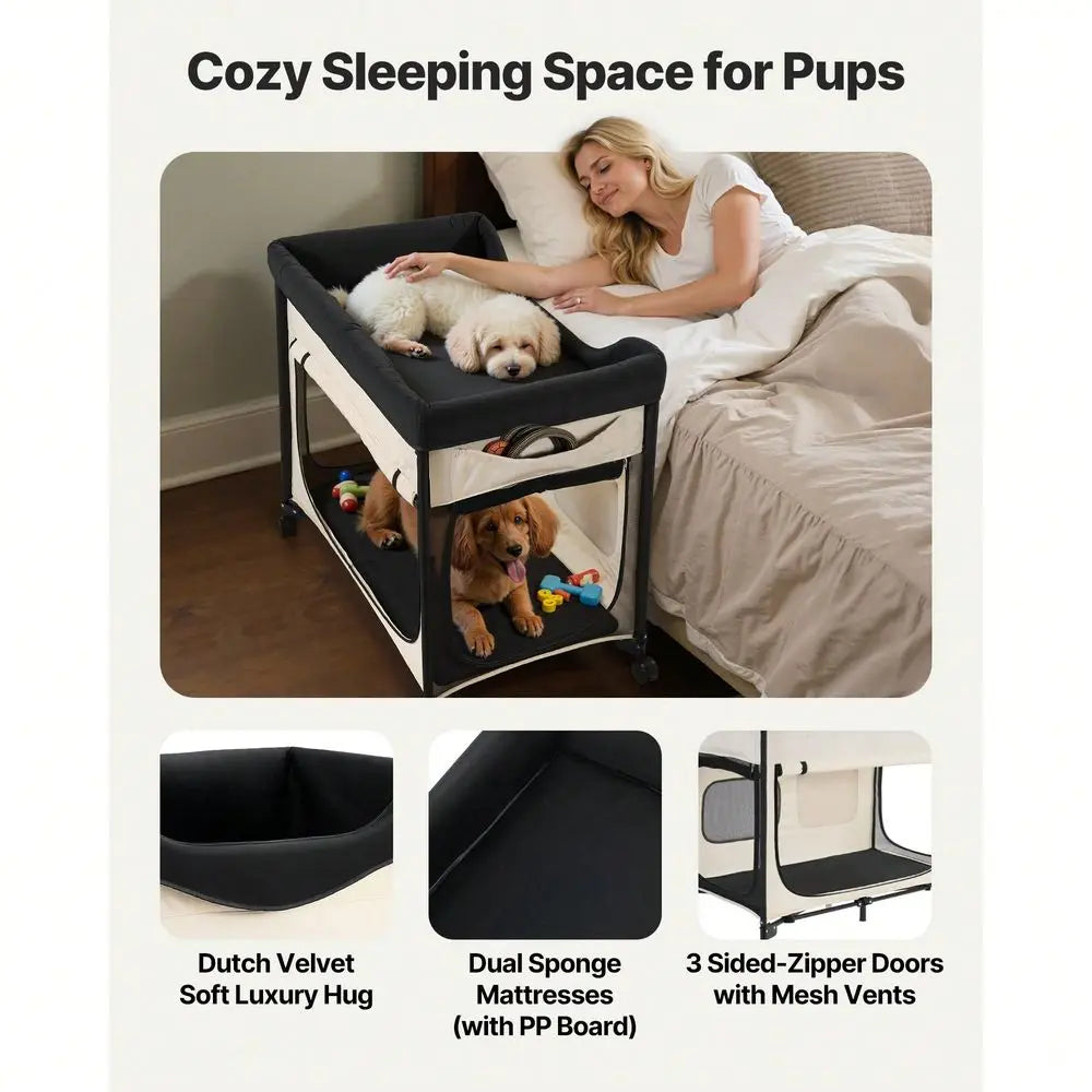 Lounge Pet Bed, Foldable Bunk Dog Bed With 600D Oxford Cloth And Dutch Velvet, Portable Raised Cot With Wheels, Side Storage Ba