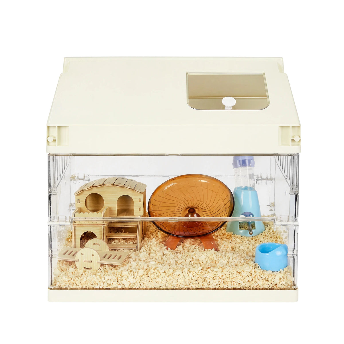 Chew-Proof Acrylic Hamster Cage Starter Kit – Large Habitat for Guinea Pig, Chinchilla, Hedgehog, Gerbil & Rat with Platform, Wheel, Water Bottle, Hideout & Bowl – Size: 45.2×31.4×44.1cm