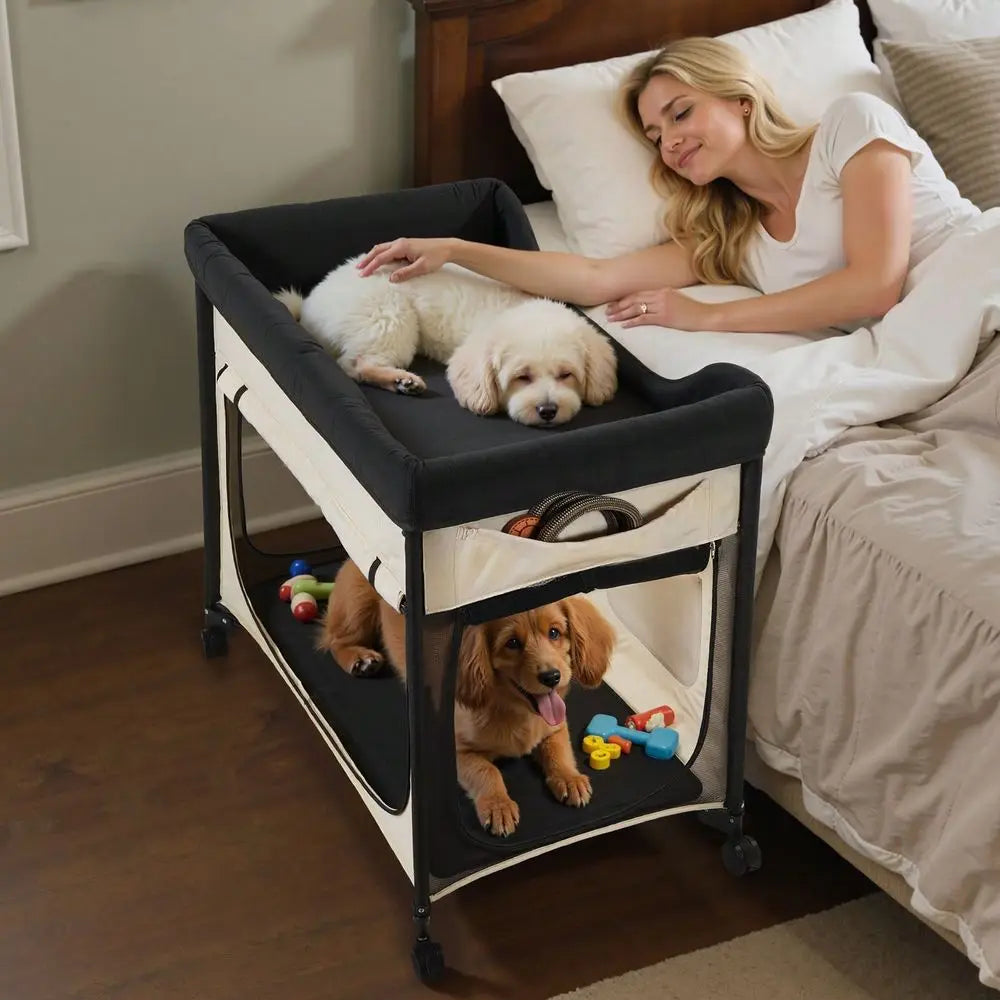 Lounge Pet Bed, Foldable Bunk Dog Bed With 600D Oxford Cloth And Dutch Velvet, Portable Raised Cot With Wheels, Side Storage Ba