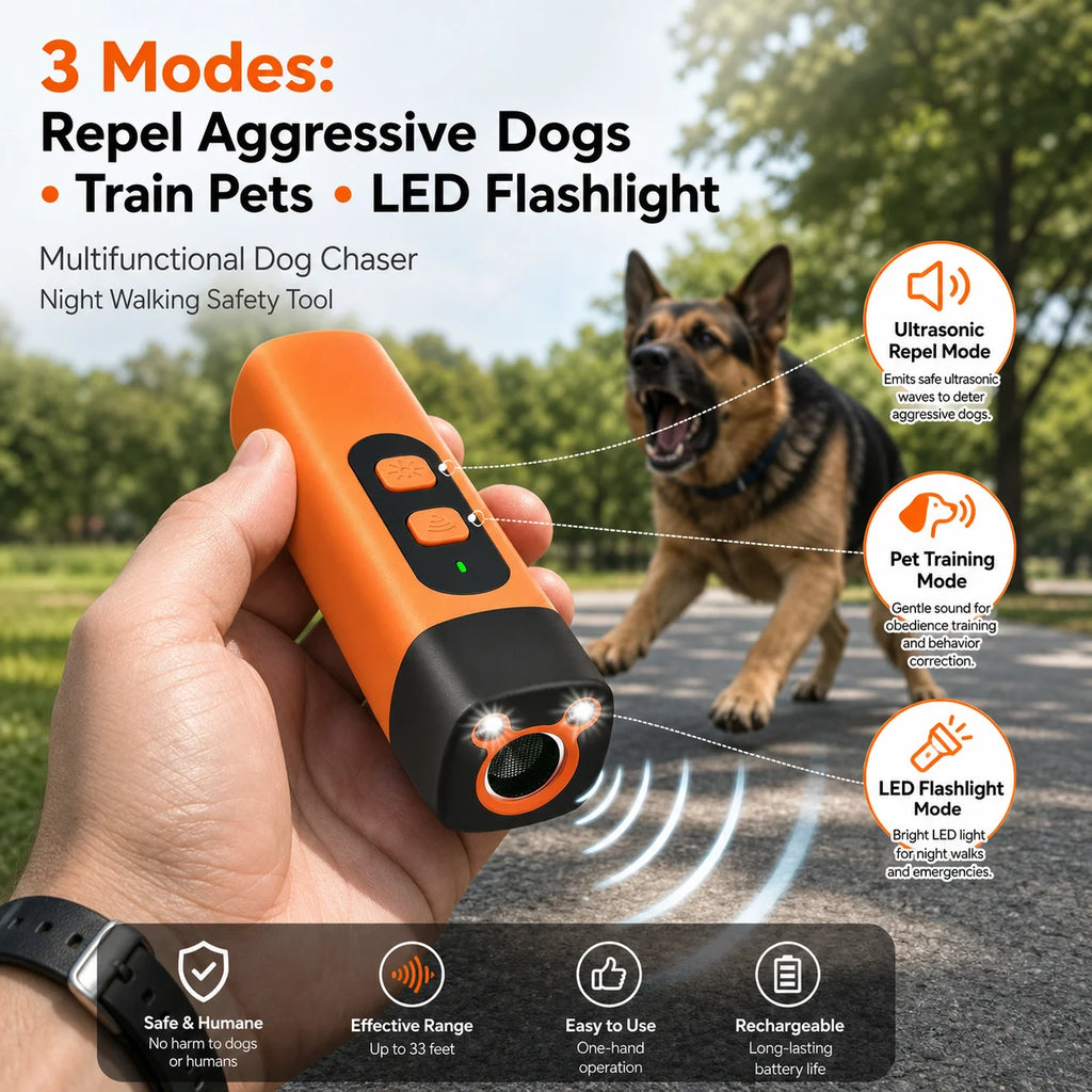 Ultrasonic DogRepeller Rechargeable Handheld Dog Trainer with Flashlight Portable Anti Bark Deterrent for Walking Outdoor Safety