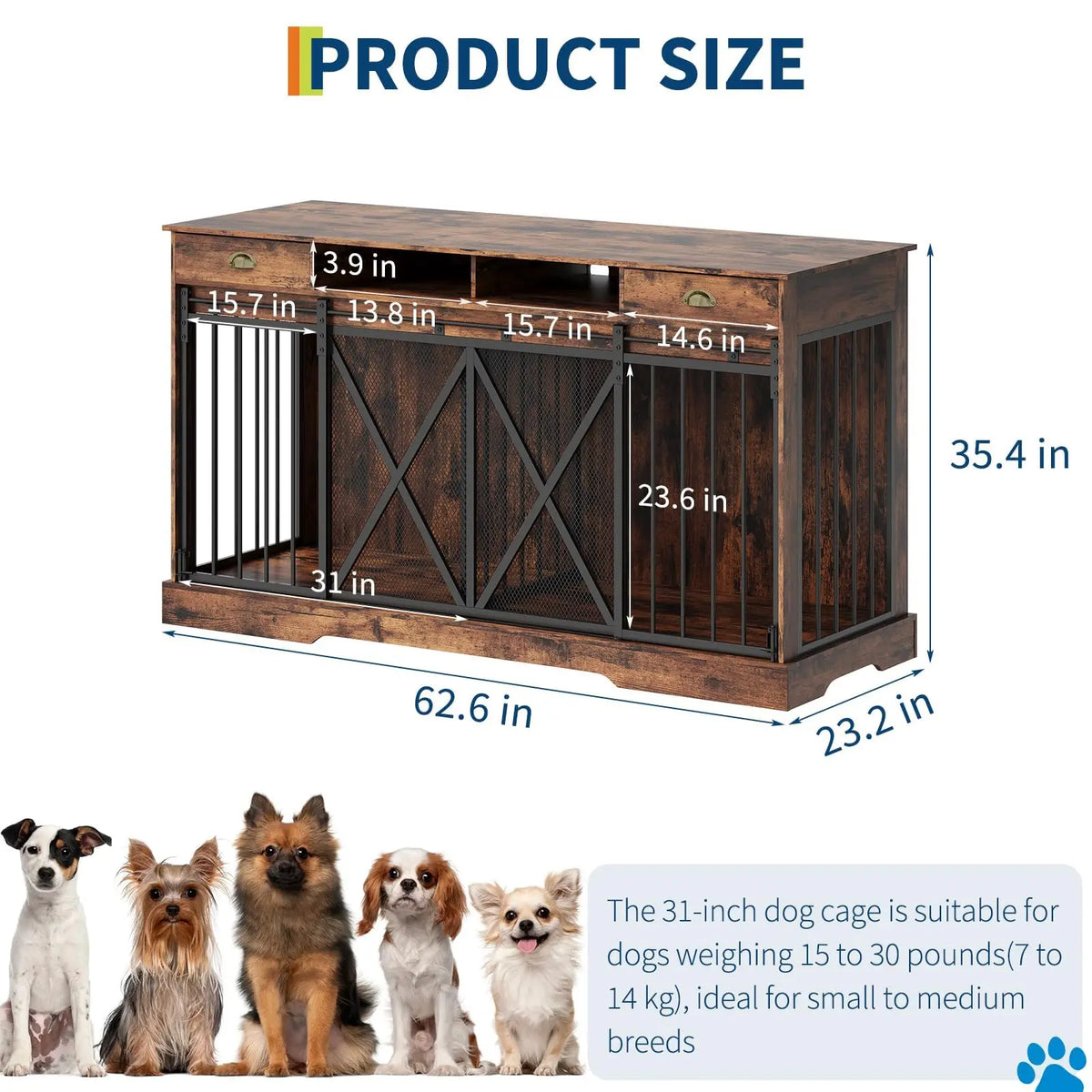 63 Inch Double Dog Crate Furniture for 2 Dogs, Heavy Duty Dog Kennel Indoor with Removable Divider & Sliding Doors, Large Dog Cage with 2 Drawers & 2 Open Shelves, Decorative TV Stand End Table, Brown