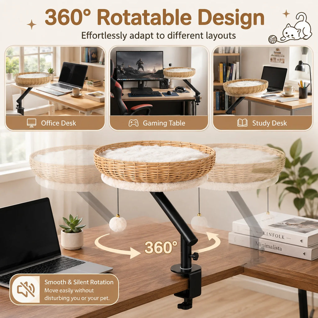 360 Degree Rotating Desk Mounted Cat Bed with Woven Basket and Hanging Toy for Indoor Cats
