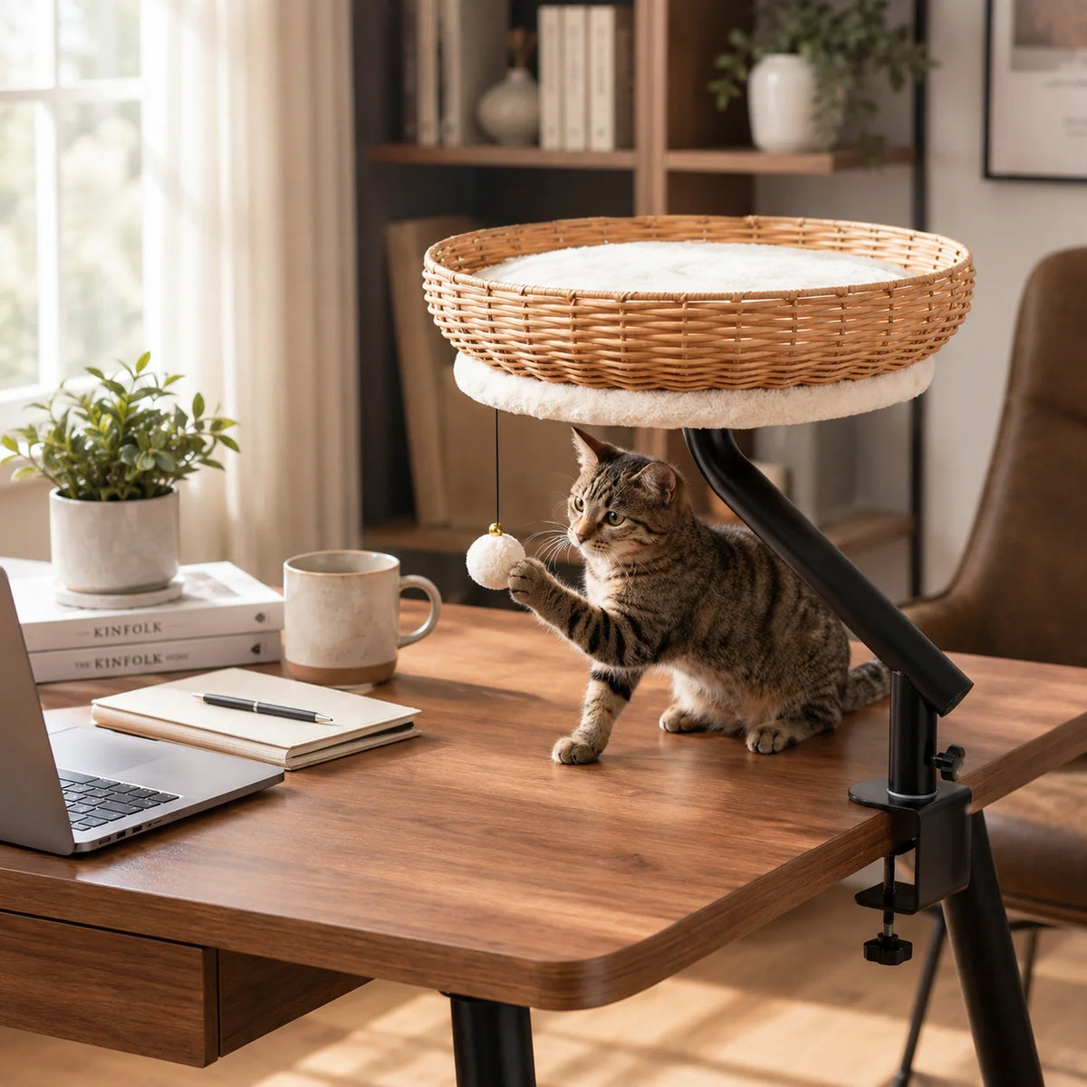 360 Degree Rotating Desk Mounted Cat Bed with Woven Basket and Hanging Toy for Indoor Cats
