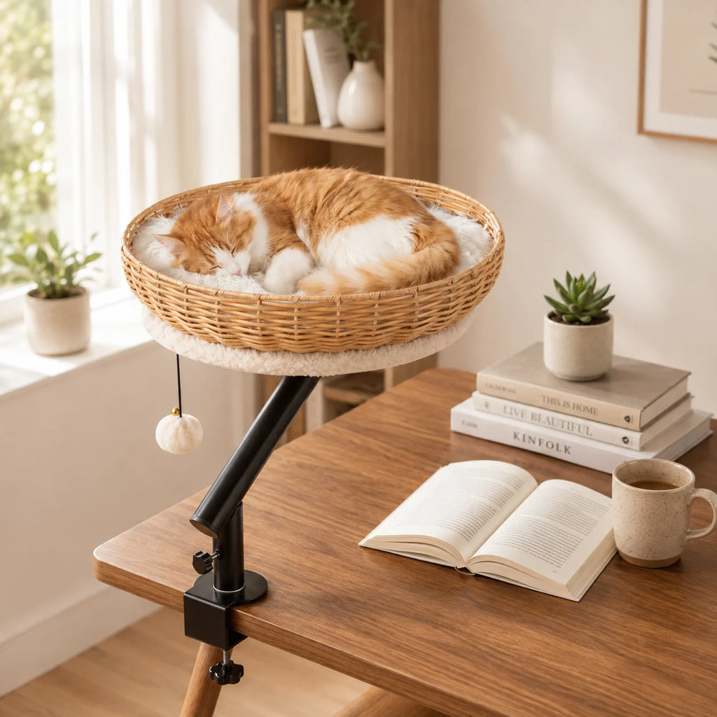 360 Degree Rotating Desk Mounted Cat Bed with Woven Basket and Hanging Toy for Indoor Cats