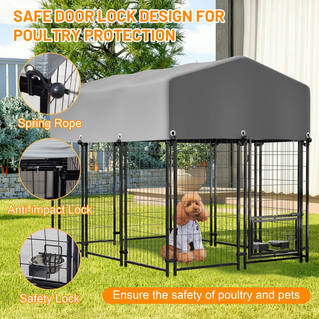 4.23x5.82x4.83 ft Heavy Duty Welded Wire Dog Kennel Outdoor Run House UV Waterproof Cover Double Lock and Rotating Feeder