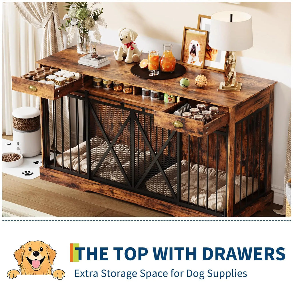 63 Inch Double Dog Crate Furniture for 2 Dogs, Heavy Duty Dog Kennel Indoor with Removable Divider & Sliding Doors, Large Dog Cage with 2 Drawers & 2 Open Shelves, Decorative TV Stand End Table, Brown