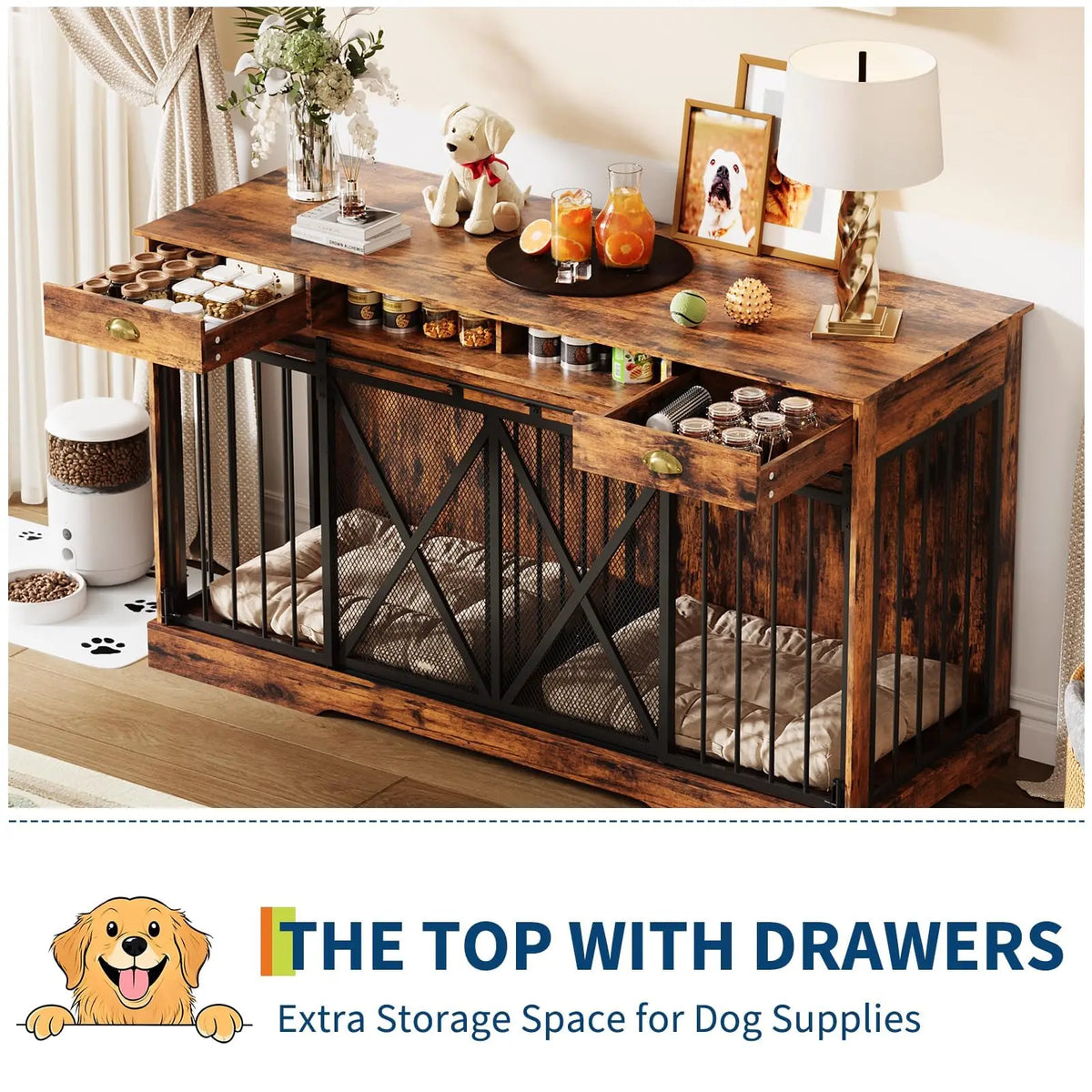 63 Inch Double Dog Crate Furniture for 2 Dogs, Heavy Duty Dog Kennel Indoor with Removable Divider & Sliding Doors, Large Dog Cage with 2 Drawers & 2 Open Shelves, Decorative TV Stand End Table, Brown