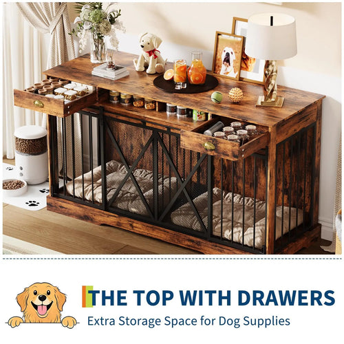 63 Inch Double Dog Crate Furniture for 2 Dogs, Heavy Duty Dog Kennel Indoor with Removable Divider & Sliding Doors, Large Dog Cage with 2 Drawers & 2 Open Shelves, Decorative TV Stand End Table, Brown