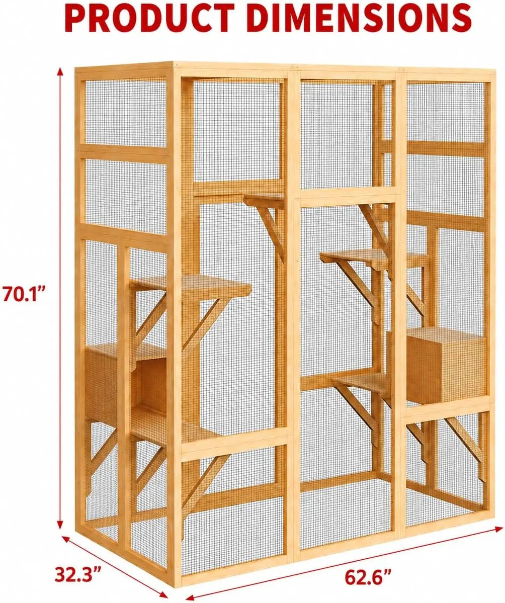 Walk-in Catio Outdoor Cat Enclosure, Large Cat House with UV-Resistant Roof, Large Wooden Cat House with Multi Wooden Platforms & 2 Napping Houses for Indoor Outdoor, 178x160x82cm