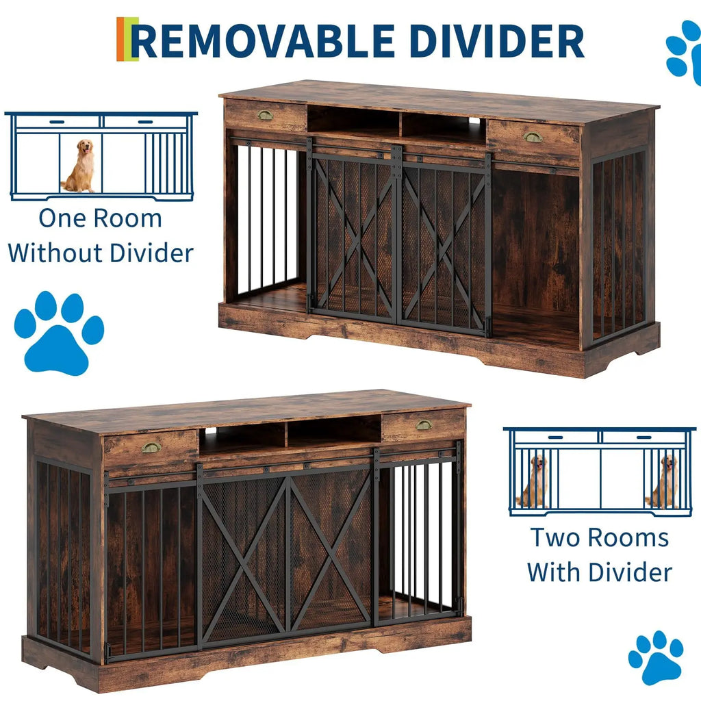 63 Inch Double Dog Crate Furniture for 2 Dogs, Heavy Duty Dog Kennel Indoor with Removable Divider & Sliding Doors, Large Dog Cage with 2 Drawers & 2 Open Shelves, Decorative TV Stand End Table, Brown