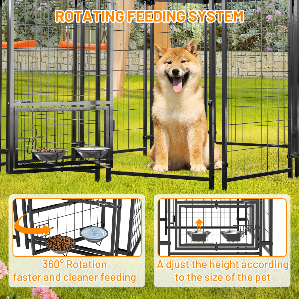 4.23x5.82x4.83 ft Heavy Duty Welded Wire Dog Kennel Outdoor Run House UV Waterproof Cover Double Lock and Rotating Feeder