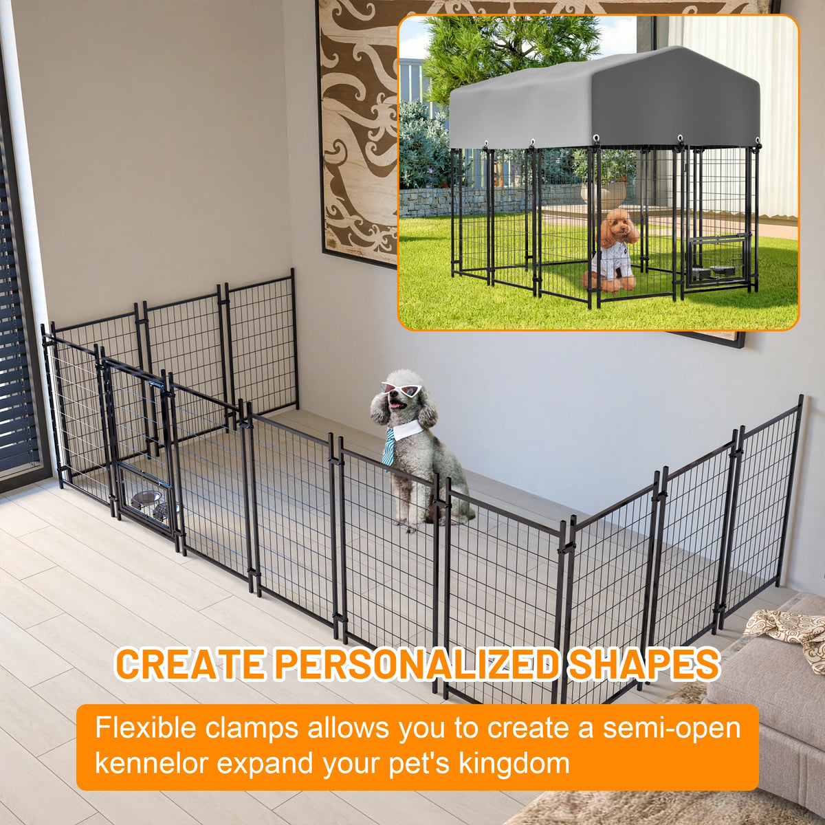 4.23x5.82x4.83 ft Heavy Duty Welded Wire Dog Kennel Outdoor Run House UV Waterproof Cover Double Lock and Rotating Feeder
